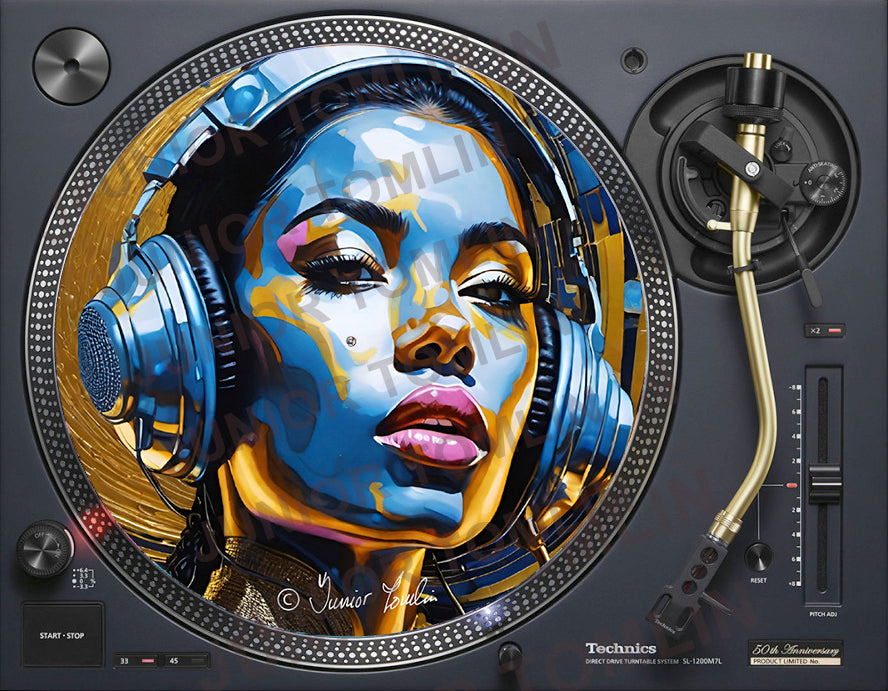 Blue and Gold Headphones Girl -  Original artwork by Junior Tomli image 1