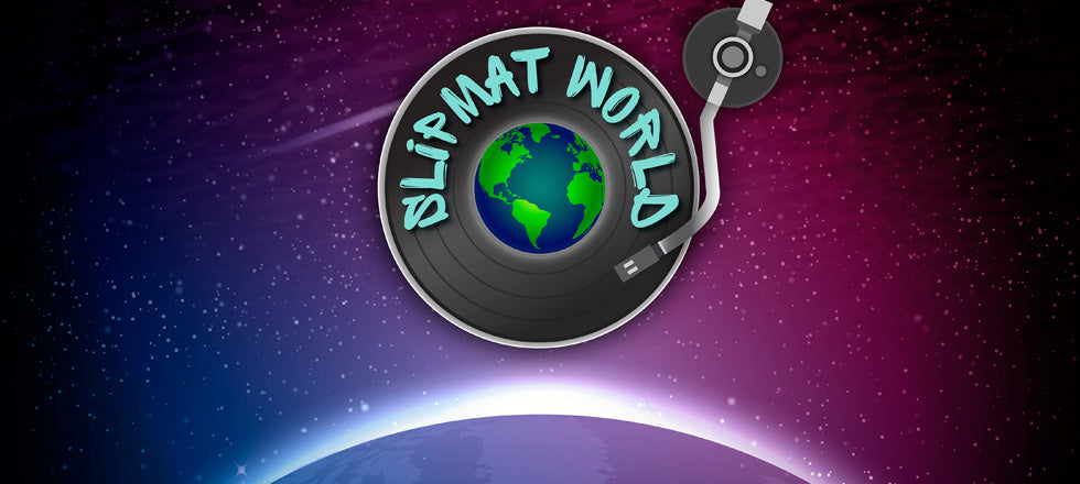 A stylized vinyl record graphic with a globe at the center and the words 'SLIPMAT WORLD' in light blue lettering, set against a starry space background with blue and purple tones.